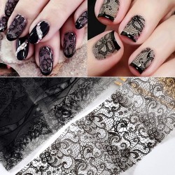 Nail art stickers - black & white flower & lace - 10 pieces