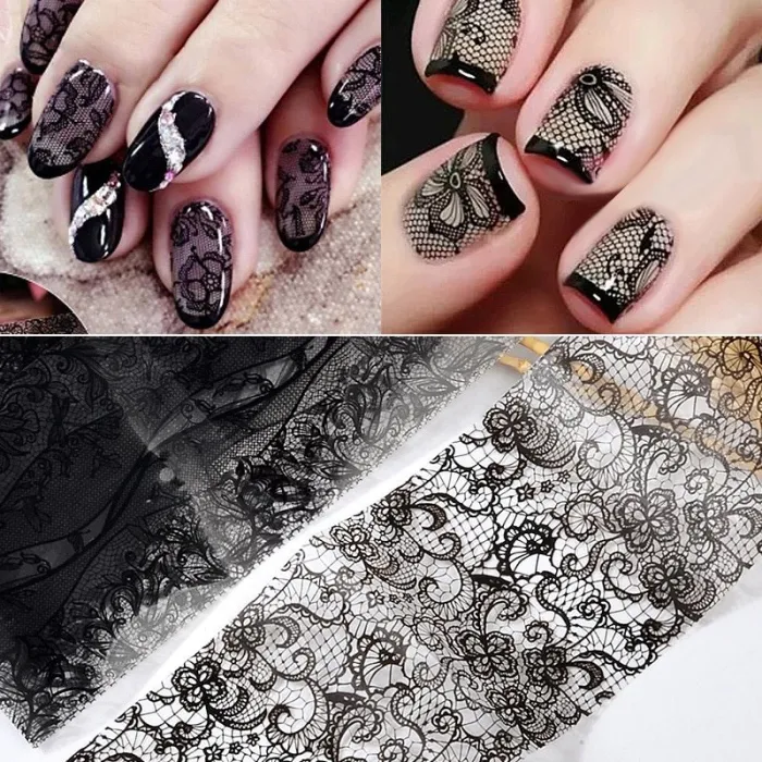 Nail art klistermærker - sort & hvid blomst & blonder - 10 stk