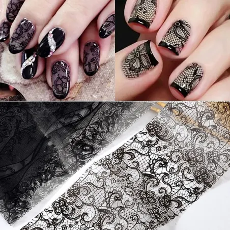 Nail art klistermærker - sort & hvid blomst & blonder - 10 stk