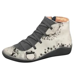 Retro botas de renda - plana - zíper lateral - couro