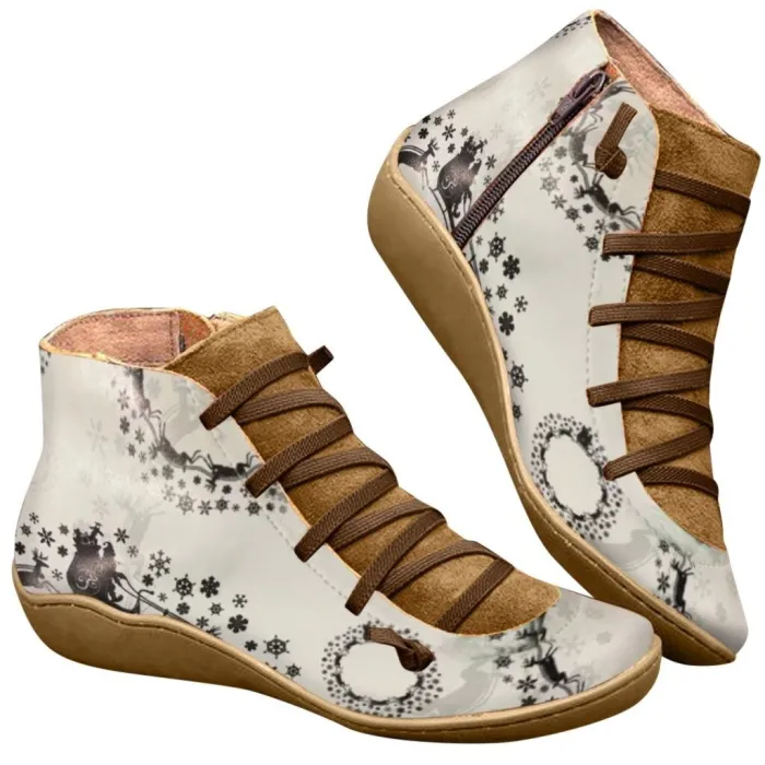 Retro botas de renda - plana - zíper lateral - couro