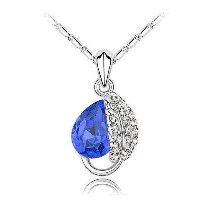 Leaf & crystal pendant - stainless steel necklace