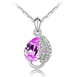 Leaf & crystal pendant - stainless steel necklace