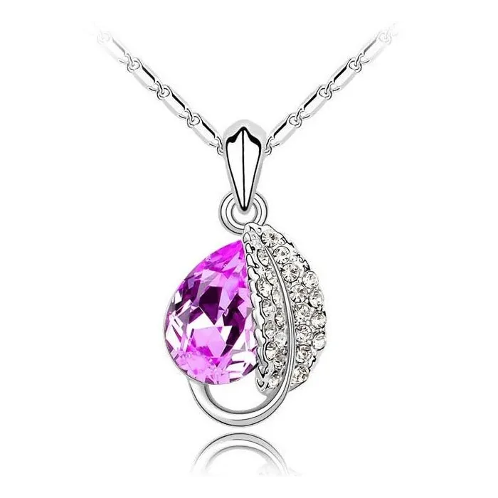 Leaf & crystal pendant - stainless steel necklace