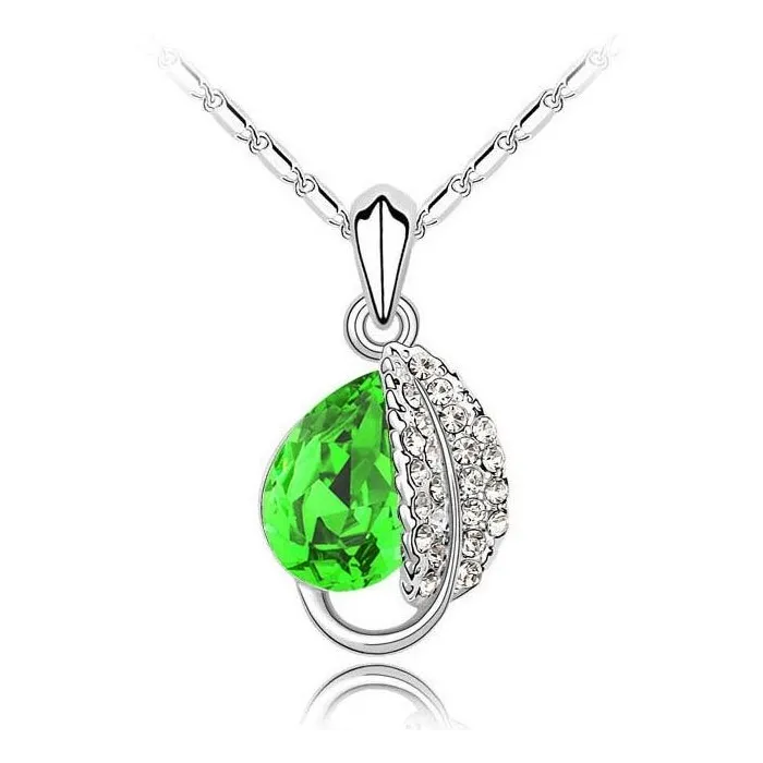 Leaf & crystal pendant - stainless steel necklace