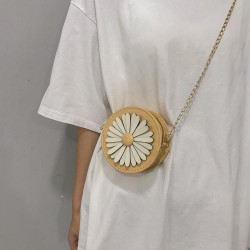Small round shoulder bag with a flower - with a chain strap - leather