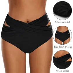 Szorty kąpielowe damskie - figi bikini - wysoki stan - skrzyżowany design - poliesterPływanie