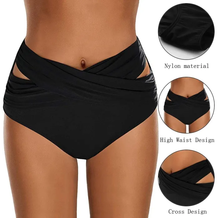 Szorty kąpielowe damskie - figi bikini - wysoki stan - skrzyżowany design - poliesterPływanie
