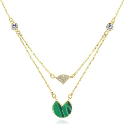 Goldkette mit Malachit & Zirkon - Doppelkette - 925er Sterlingsilber