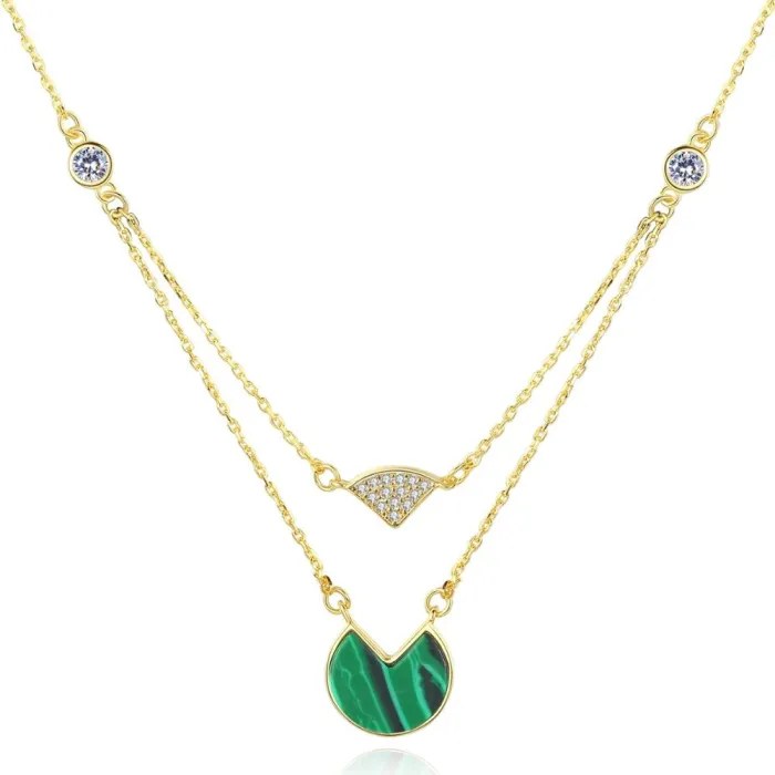 Gold necklace with malachite & zircons - double chain - 925 sterling silver