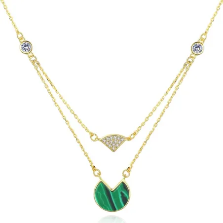 Gold necklace with malachite & zircons - double chain - 925 sterling silver
