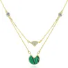 Gold necklace with malachite & zircons - double chain - 925 sterling silver