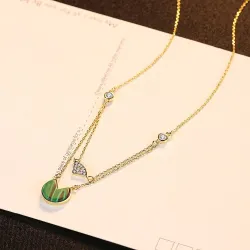 Gold necklace with malachite & zircons - double chain - 925 sterling silver
