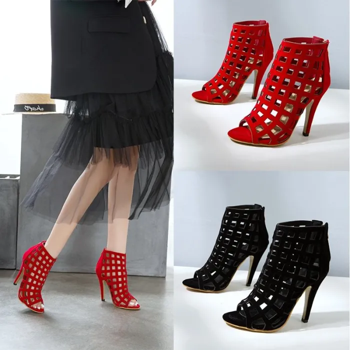Hollow-out high heel pumps - ankle sandals - with a back zipper
