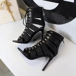 Cross-tied peep toe high heels - with string strap