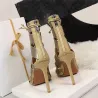 Cross-tied peep toe high heels - with string strap