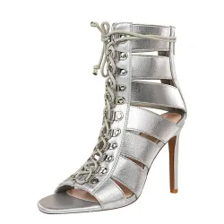 Cross-tied peep toe high heels - with string strap