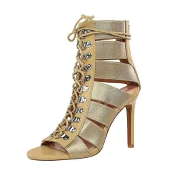 Cross-tied peep toe high heels - with string strap