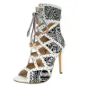 High heel ankle boots - ankle length - lace-up - leaf design