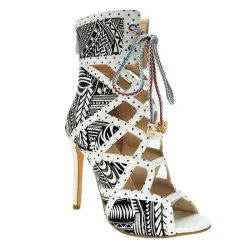High heel ankle boots - ankle length - lace-up - leaf design