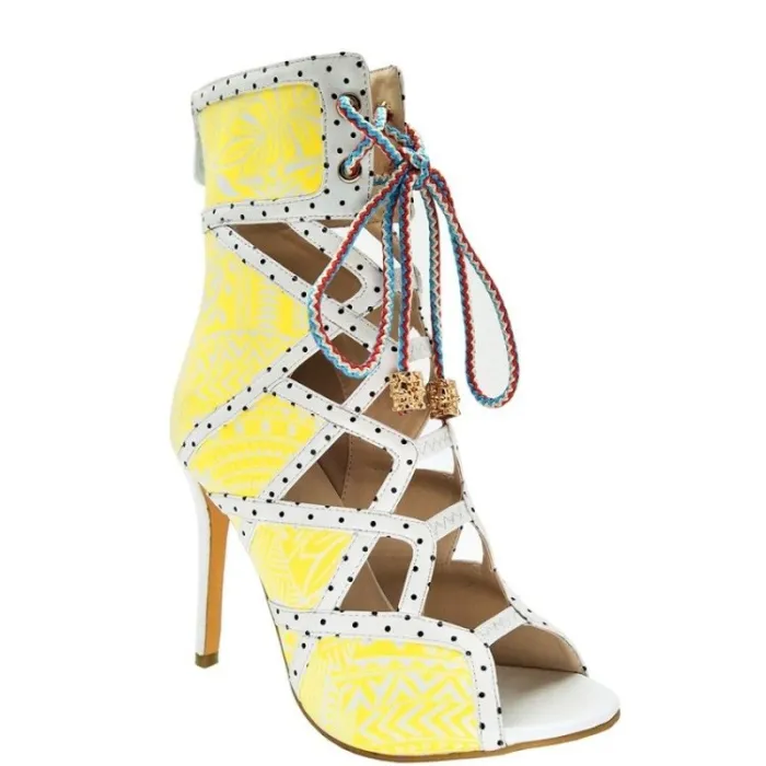 High heel ankle boots - ankle length - lace-up - leaf design
