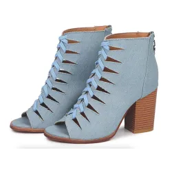 Cross-tied high heel boots - denim - ankle length