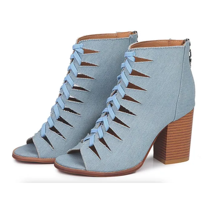 Cross-tied high heel boots - denim - ankle length