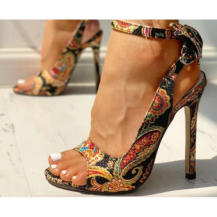 High heel pumps - ankle length - open toe - with a back zipper - colorful design