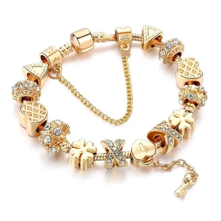 Trendy gold bracelet with charms - hearts - beads - clover - key