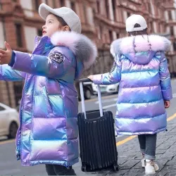 Blue cotton girls jacket - with fluffy hood