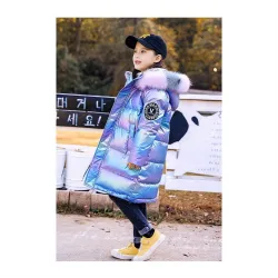 Blue cotton girls jacket - with fluffy hood