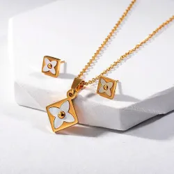 CollarConjunto de joyas - collar y pendientes - colgante cuadrado - flores con concha blanca