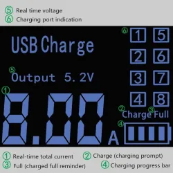 8 Port USB Snabbladdare - strömadapter - Smart IC - med display och automatisk detektering