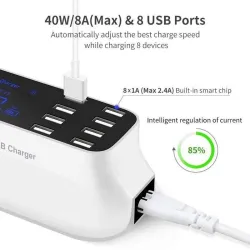 8 Port USB Snabbladdare - strömadapter - Smart IC - med display och automatisk detektering