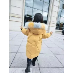 Padded cotton long jacket - with a colorful fur hood - for girls