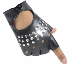 Luvas de couro - meio dedo design - com rebites - unisex