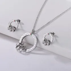Runde Ohrringe & Halskette - mit Mini-Ringdekoration - rote & grüne Emaille - Schmuckset