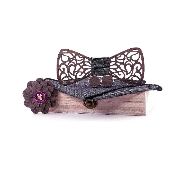 Butterfly vintage wooden neckties - with lapel flower / cufflinks / handkerchief