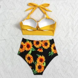 Seksowny komplet bikini - z push-upem - wysoki stan - słonecznikiStroje Kąpielowe