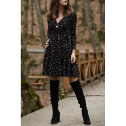 Kleines Minikleid - Langarm - V-Ausschnitt - Vintage-Blumendruck