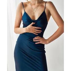 Sexy silk dress - calf-length - thin straps - with a side slit