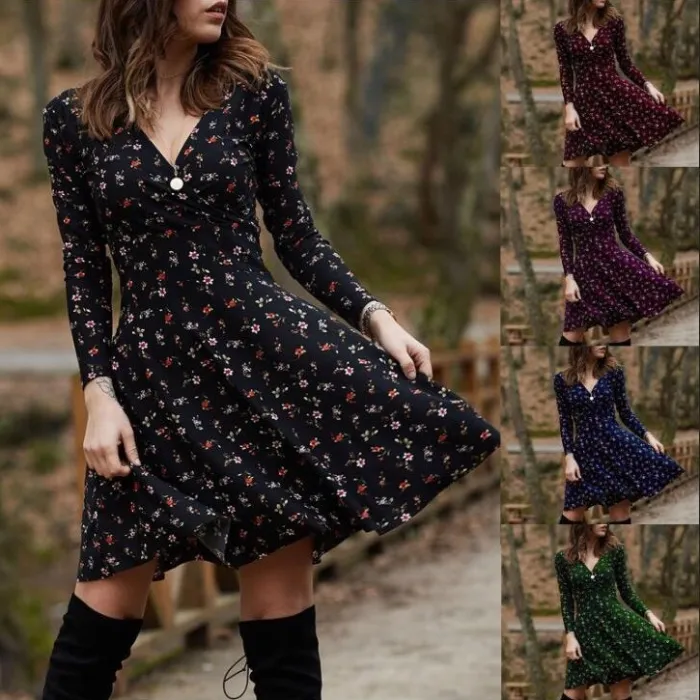 Kleines Minikleid - Langarm - V-Ausschnitt - Vintage-Blumendruck