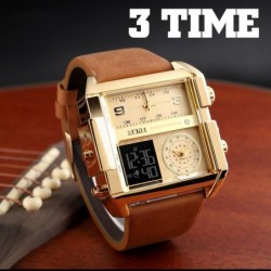 Sports quartz watch - 3 time zone - LED - leather band