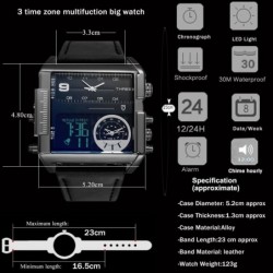 Sports quartz watch - 3 time zone - LED - leather band