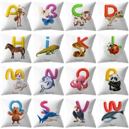 Kissenbezug - einseitig - Englisches Alphabet mit Tieren - 45 * 45cm