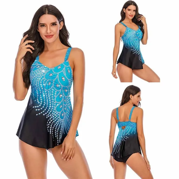 Bikiniset met lange bovenkant - print van pauwenverenBadkleding