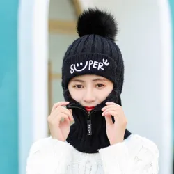 Winter knitted hat with zipper - face warmer - balaclava - pompoms cap