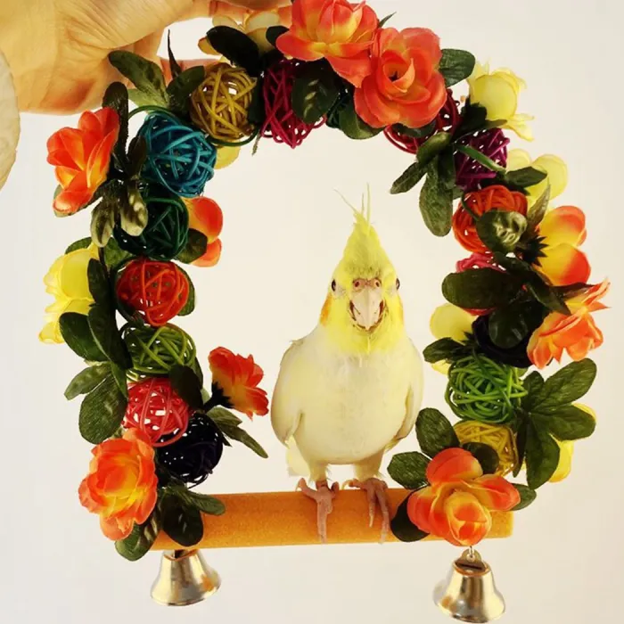Wooden bird swing - with a flowers / bells - bite resistant