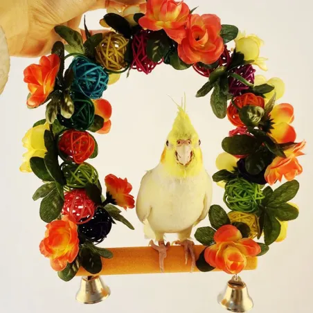 Wooden bird swing - with a flowers / bells - bite resistant