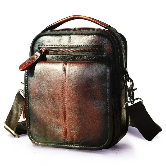 Leather shoulder bag / satchel - with strap / front pocket